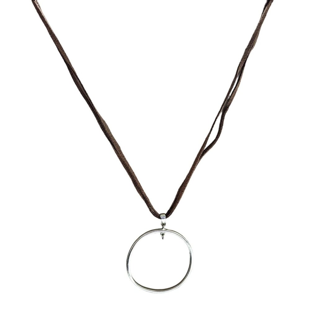 Boho Dual Tone Silver Gold Circle Pendant Leather Cord Necklace Minimalist Women